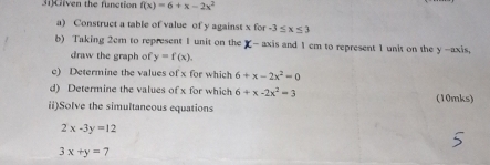 3i)Civen the function f(x)=6+x-2x^2
a) Construct a table of value of y against x for -3≤ x≤ 3
b) Taking 2cm to represent 1 unit on the X - axis and 1 em to represent 1 unit on the y -axis, 
draw the graph of y=f(x). 
c) Determine the values of x for which 6+x-2x^2=0
d) Determine the values of x for which 6+x-2x^2=3
ii)Solve the simultaneous equations (10mks)
2x-3y=12
3x+y=7