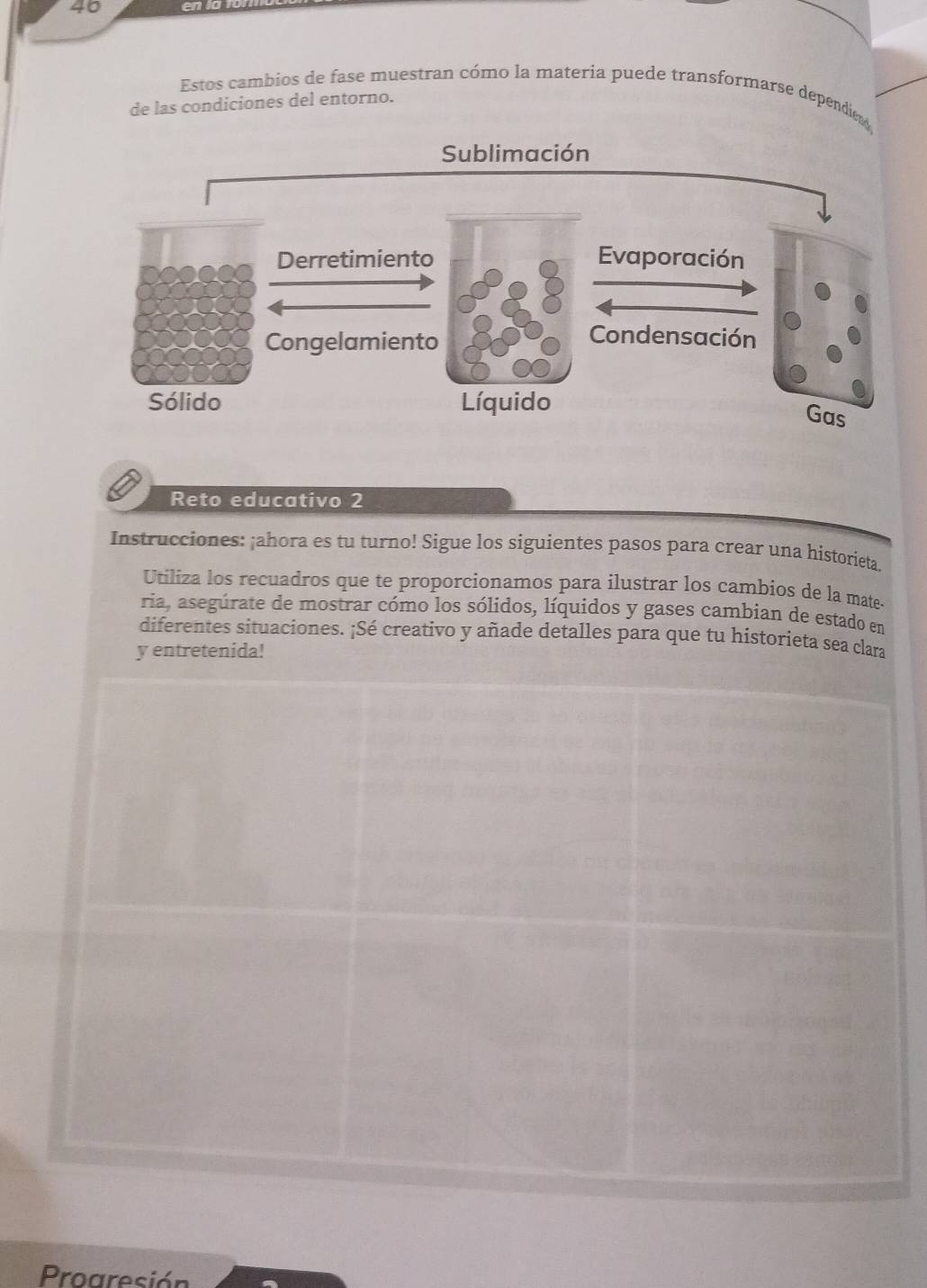 en io 
Estos cambios de fase muestran cómo la materia puede transformarse dependies 
de las condiciones del entorno. 
Reto educativo 2 
Instrucciones: ¡ahora es tu turno! Sigue los siguientes pasos para crear una historieta. 
Utiliza los recuadros que te proporcionamos para ilustrar los cambios de la mate- 
ria, asegúrate de mostrar cómo los sólidos, líquidos y gases cambian de estado en 
diferentes situaciones. ¡Sé creativo y añade detalles para que tu historieta sea clara 
y entretenida! 
Prroaresión