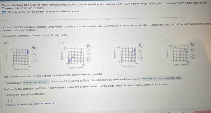 The accompanying table gives the Rotten Tomatoes and Metacritic scores for several movies produced in 2017. Both of these ratings systems give movies a score using a scale from 0 to 100.
Complete parts (a) through (d) below.
Click the icon to view the Rotten Tomatoes and Metacritic scores.
a. Use technology to make a scatterplot using Rotten Tomatoes as the independent variable and Metacritic as the dependent variable. Based on the scatterplot, is there a strong linear relationshi
between these two variables?
Construct the scatterplot. Choose the correct graph below.
C.
D.
A.
B. 

3
3
3


Rotten Tomatoes Rotten Tomatoes Rotten Tomatoes Rotten Tomaloes
Based on the scatterplot, is there a strong linear relationship between these two variables?
The association is linear and strong. The scatterplot shows that as Rotten Tomatoes score increases, the Metacritic score increases at a roughly constant rate.
b. Compute the regression coefficient, r, and write the equation of the regression line. Use the words "Rotten Tomatoes" and "Metacritic" in the equation.
Compute the regression coefficient, r.
r=□
(Round to three decimal places as needed.)