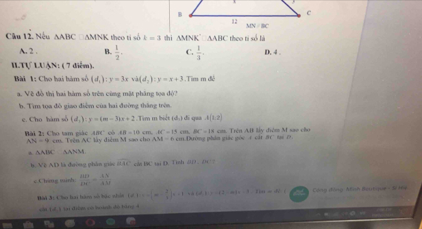 Nếu △ ABC□ △ MNK theo ti số k=3 thì △ MNK'△ ABC theo tisola
A. 2 . B.  1/2 . C.  1/3 . D. 4 .
IITự LUậN: ( 7 diểm).
Bài 1: Cho hai hàm số (d_1):y=3xva(d_2):y=x+3 Tìm m đề
a. Vẽ đồ thị hai hàm số trên cùng mặt phầng tọa độ?
b. Tìm tọa đô giao điểm của hai đường thắng trên.
c. Cho hàm số (d_3):y=(m-3)x+2.Tim m biết (d_1) di qua A(1,2)
ài 2: Cho tam giác ABC có AB=10cm,AC=15cm,BC=18cm. Trên AB lấy điệm M sao cho
AN=9cm 1. Trên AC lấy điễm M sao cho AM=6 cm.Đường phân giác gốc 4 cất BC tại D.
a. △ ABC △ ANM
b. Về AD là đường phân giáo widehat BAC cất BC tại D. Tinh 8D . DC 2
c.Chứng minh:  BD/DC = AN/AM 
: (
Bài 3: Cho hai hàm số bắc nhất (d.) =(m- 2/3  e+1 v  x^f,11 =(2-m)=-3,Thenmold * Công đồng: Minh Boutique - Sí Hiệ
cật  (d. ) tại điệm có hoành độ bảng 4