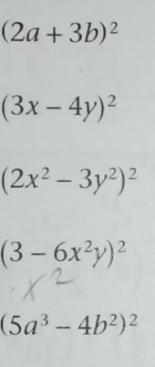 (2a+3b)^2
(3x-4y)^2
(2x^2-3y^2)^2
(3-6x^2y)^2
(5a^3-4b^2)^2