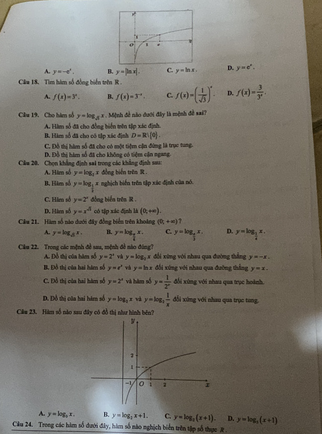 A. y=-e^x. B. y=|ln x|. C. y=ln x. D. y=e^x.
Câu 18. Tìm hàm số đồng biến trên R .
A. f(x)=3^x. B. f(x)=3^(-x). C. f(x)=( 1/sqrt(3) )^x. D. f(x)= 3/3^x .
Câu 19. Cho hàm số y=log _sqrt(3)x. Mệnh đề nào dưới đây là mệnh đề sai?
A. Hàm số đã cho đồng biến trên tập xác định.
B. Hàm số đã cho có tập xác định D=R| 0 .
C. Đồ thị hàm số đã cho có một tiệm cận đứng là trục tung.
D. Đồ thị hàm số đã cho không có tiệm cận ngang
Câu 20. Chọn khẳng định sai trong các khẳng định sau:
A. Hàm số y=log _2 r đồng biến trên R .
B. Hàm số y=log _ 1/2 x nghịch biến trên tập xác định của nó.
C. Hàm số y=2^x đồng biến trên R .
D. Hàm số y=x^(sqrt(2)) có tập xác định là (0;+∈fty ).
Câu 21. Hàm số nào dưới đây đồng biến trên khoảng (0;+∈fty ) ?
A. y=log _sqrt(3)x. B. y=log _ π /6 x. C. y=log _ e/3 x. D. y=log _ 1/4 x.
Câu 22. Trong các mệnh đề sau, mệnh đề nào đúng?
A. Đỗ thị của hàm số y=2^x và y=log _2x đối xứng với nhau qua đường thẳng y=-x.
B. Đồ thị của hai hàm số y=e^x và y=ln x đối xứng với nhau qua đường thẳng y=x.
C. Đồ thị của hai hàm số y=2^x và hàm số y= 1/2^x  đối xứng với nhau qua trục hoành.
D. Đồ thị của hai hàm số y=log _2x và y=log _2 1/x  đối xứng với nhau qua trục tung.
Câu 23. Hàm số nào sau đây có đồ thị như hình bên?
A. y=log _3x. B. y=log _2x+1. C. y=log _2(x+1). D. y=log _1(x+1)
Câu 24. Trong các hàm số dưới đây, hàm số nào nghịch biển trên tập số thực R .