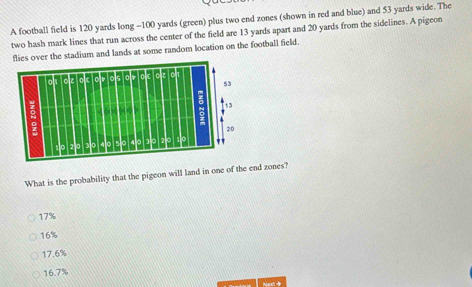 Solved: A football field is 120 yards long - 100 yards (green) plus two ...