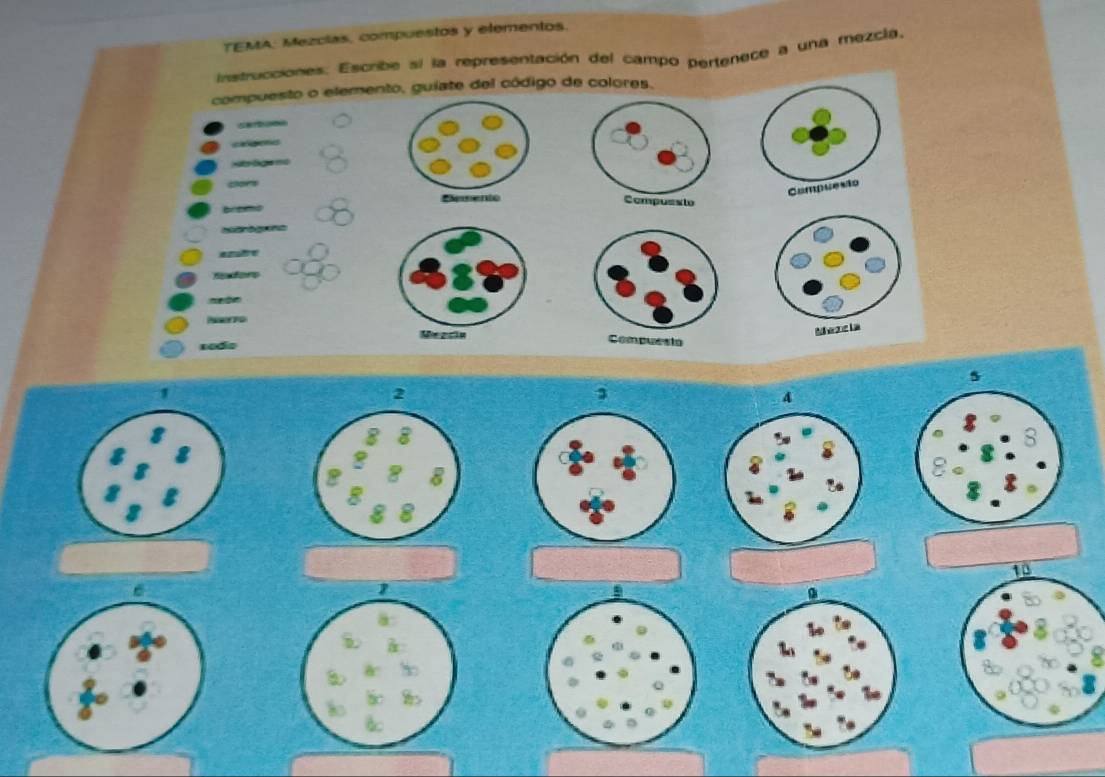 TEMA, Mezcías, compuestos y elementos. 
instrucciones: Escribe si la representación del campo pertenece a una mezcia, 
compuesto o elemento, guiate del código de colores. 
celgos
a =
Etors 

brems 
auärogxn= 
Readors 
rode
5
2
4
10