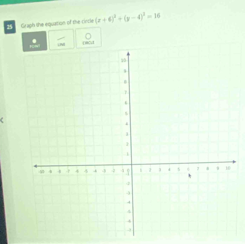 Graph the equation of the circle (x+6)^2+(y-4)^2=16