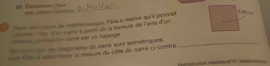 Datermsn (Sire 
des pstes nances. 
_ 
P Dans sen nours de mathémanque, Félix a réalisé qu'il pouvait 
calemer l'aire d'un carré à partir de la formule de l'aire d'un 
casnge, pusqe on carr est un losange. 
Sacheinque les diagonales du carré sont isométriques,_ 
mte fté a détarminer la mesure du côté du carré ci-contre. 
Reproduction interdite @ TC Mida Ln