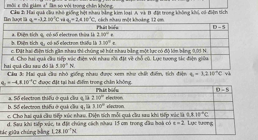 môi ε thì giảm varepsilon^2 Tần so với trong chân không.
Câu 2: Hai quả cầu nhỏ giống hệt nhau bằng kim loại A và B đặt trong không khí, có điện tích
lần lượt là q_1=-3,2.10^(-7)C và q_2=2,4.10^(-7)C ,cách nhau một khoảng 12 cm.
*  Câu 3: Hai quả cầu nhỏ giống nhau được xem như chất điểm, tích điện q_1=3,2.10^(-9)C và
t