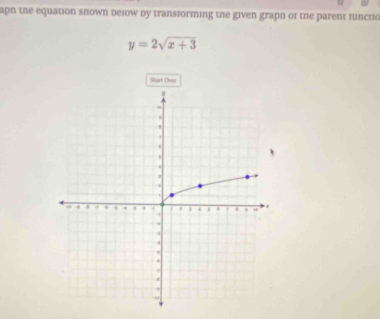 apn the equation snown delow by transforming the given grapn of the parent functio
y=2sqrt(x+3)
Start Over