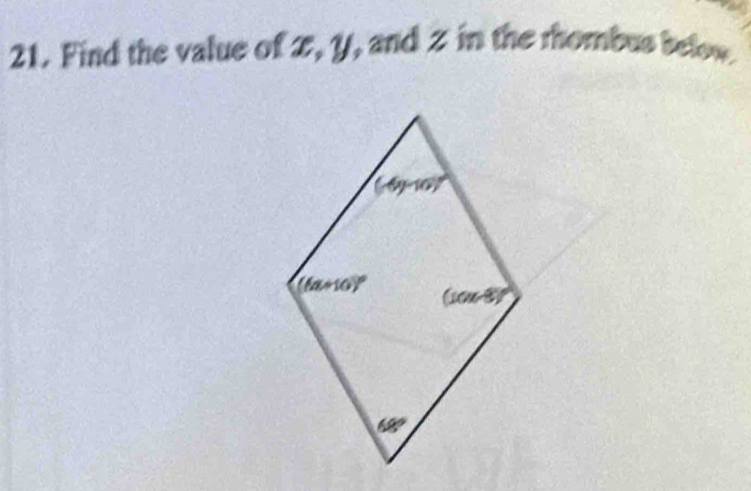 Find the value of 2, y, and 2 in the rhombus below.