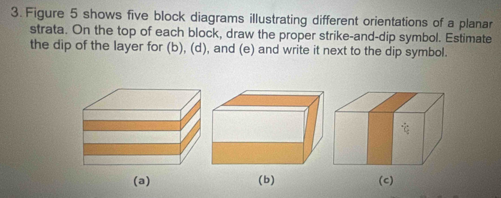 Figure 5 shows five block diagrams illustrating different orientations of a planar 
strata. On the top of each block, draw the proper strike-and-dip symbol. Estimate 
the dip of the layer for (b), (d), and (e) and write it next to the dip symbol. 
(a) (b) (c)