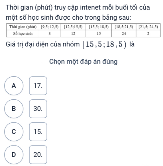 Thời gian (phút) truy cập intenet mỗi buổi tối của
một số học sinh được cho trong bảng sau:
Giá trị đại diện của nhóm [15,5;18,5) là
Chọn một đáp án đúng
A 17.
B 30.
C 15.
D 20.