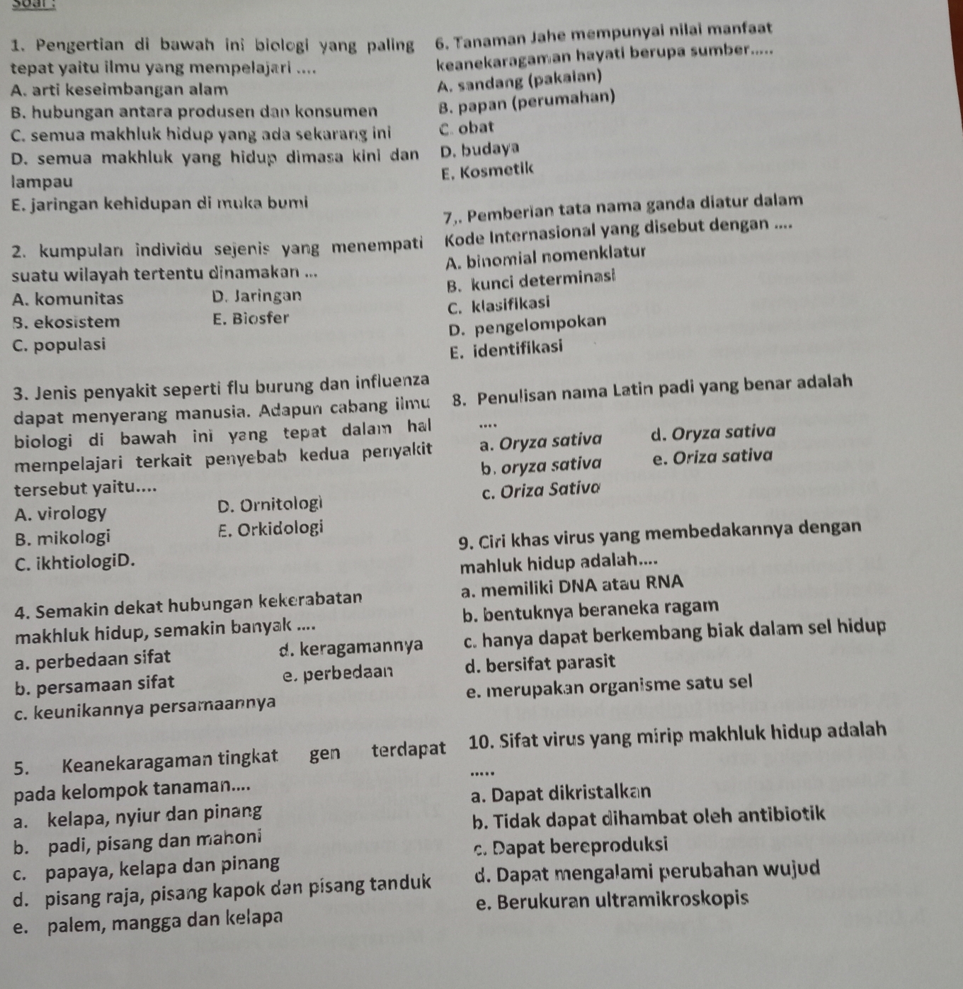 soar .
1. Pengertian di bawah in; biologi yang paling 6. Tanaman Jahe mempunyai nilai manfaat
tepat yaitu ilmu yang mempelajari ....
keanekaragaman hayati berupa sumber.....
A. arti keseimbangan alam
A. sandang (pakaian)
B. hubungan antara produsen dan konsumen B. papan (perumahan)
C. semua makhluk hidup yang ada sekarang ini C. obat
D. semua makhluk yang hidup dimasa kini dan D. budaya
lampau
E. Kosmetik
E. jaringan kehidupan di muka bumi
7,. Pemberïan tata nama ganda diatur dalam
2. kumpulan individu sejenis yang menempati Kode Internasional yang disebut dengan ....
A. binomial nomenklatur
suatu wilayah tertentu dinamakan ...
B. kunci determinasi
A. komunitas D. Jaringan
C. klasifikasi
B. ekosistem E. Biosfer
D. pengelompokan
C. populasi
E. identifikasi
3. Jenis penyakit seperti flu burung dan influenza
dapat menyerang manusia. Adapun cabang ilmu 8. Penulisan nama Latin padi yang benar adalah
biologi di bawah ini yang tepat dalam hal ….
mempelajari terkait penyebab kedua penıyakit a. Oryza sativa d. Oryza sativa
b. oryza sativa e. Oriza sativa
tersebut yaitu....
A. virology D. Ornitologì c. Oriza Sativa
B. mikologi E. Orkidologi
C. ikhtiologiD. 9. Ciri khas virus yang membedakannya dengan
mahluk hidup adalah....
4. Semakin dekat hubungan kekerabatan a. memiliki DNA atau RNA
makhluk hidup, semakin banyak .... b. bentuknya beraneka ragam
a. perbedaan sifat d. keragamannya c. hanya dapat berkembang biak dalam sel hidup
b. persamaan sifat e. perbedaan d. bersifat parasit
c. keunikannya persamaannya e. merupakan organisme satu sel 
5. Keanekaragaman tingkat gen terdapat 10. Sifat virus yang mirip makhluk hidup adalah
pada kelompok tanaman.... ....
a. Dapat dikristalkan
a. kelapa, nyiur dan pinang
b. Tidak dapat dihambat oleh antibiotik
b. padi, pisang dan mahoni
c. Dapat bereproduksi
c. papaya, kelapa dan pinang
d. pisang raja, pisang kapok dan pisang tanduk d. Dapat mengalami perubahan wujud
e. Berukuran ultramikroskopis
e. palem, mangga dan kelapa