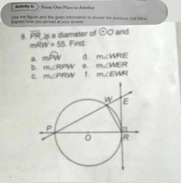 Activity 5: From One Place to Another 
Use the figure and the given information to answer the questions that follow. 
Explain how you arrived at your answer. 
B. overline PR is a diameter of odot O and
mRW=55 Find: 
a. moverline PW d. m∠ WRE
b. m∠ RPW e. m∠ WER
C. m∠ PRW f. m∠ EWR