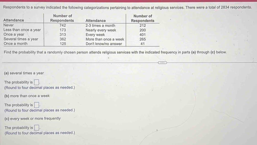 Respondents to a survey indicated the following categorizations pertaining to attendance at religious services. There were a total of 2834 respondents. 
Find the probability that a randomly chosen person attends religious services with the indicated frequency in parts (a) through (c) below. 
(a) several times a year
The probability is □. 
(Round to four decimal places as needed.) 
(b) more than once a week 
The probability is □. 
(Round to four decimal places as needed.) 
(c) every week or more frequently 
The probability is □. 
(Round to four decimal places as needed.)