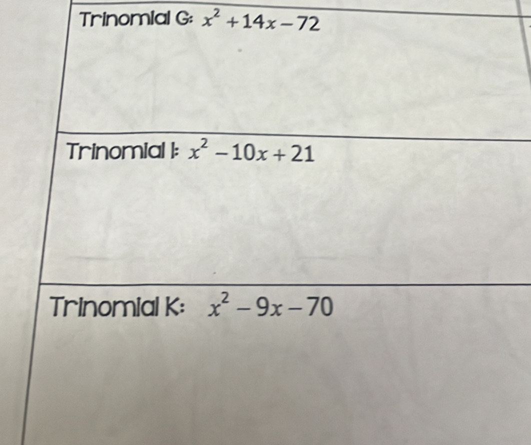 Trinomial G: x^2+14x-72