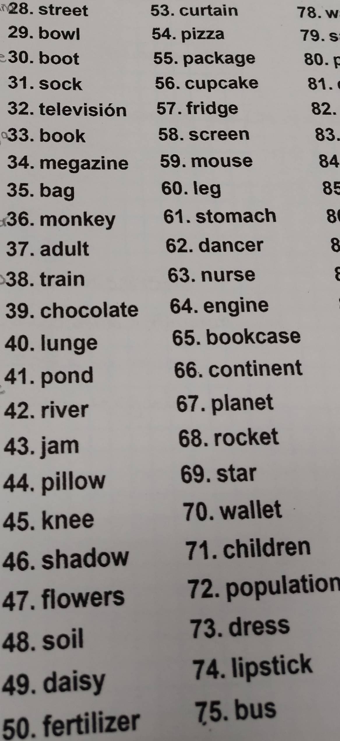 street 53. curtain 78. w 
29. bowl 54. pizza 79. s 
30. boot 55. package 80. p 
31. sock 56. cupcake 81. 
32. televisión 57. fridge 82. 
33. book 58. screen 83. 
34. megazine 59. mouse 84 
35. bag 60. leg 85
36. monkey 
61. stomach 8 
37. adult 62. dancer 8 
38. train 
63. nurse 
39. chocolate 64. engine 
40. lunge 
65. bookcase 
41. pond 
66. continent 
42. river 67. planet 
43. jam 
68. rocket 
44. pillow 
69. star 
45. knee 
70. wallet 
46. shadow 
71. children 
47. flowers 72. population 
48. soil 
73. dress 
49. daisy 
74. lipstick 
50. fertilizer 
75. bus