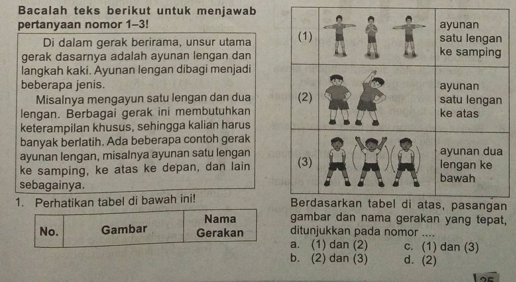 Bacalah teks berikut untuk menjawab
pertanyaan nomor 1- 3!
Di dalam gerak berirama, unsur utama 
gerak dasarnya adalah ayunan lengan dan
langkah kaki. Ayunan lengan dibagi menjadi
beberapa jenis. 
Misalnya mengayun satu lengan dan dua 
lengan. Berbagai gerak ini membutuhkan
keterampilan khusus, sehingga kalian harus
banyak berlatih. Ada beberapa contoh gerak
ayunan lengan, misalnya ayunan satu lengan
ke samping, ke atas ke depan, dan lain 
sebagainya.
1. Perhatikan tabel di bawah ini! 
Nama gambar dan nama gerakan yang tepat,
No. Gambar Gerakan ditunjukkan pada nomor_
a. (1) dan (2) c. (1) dan (3)
b. (2) dan (3) d. (2)