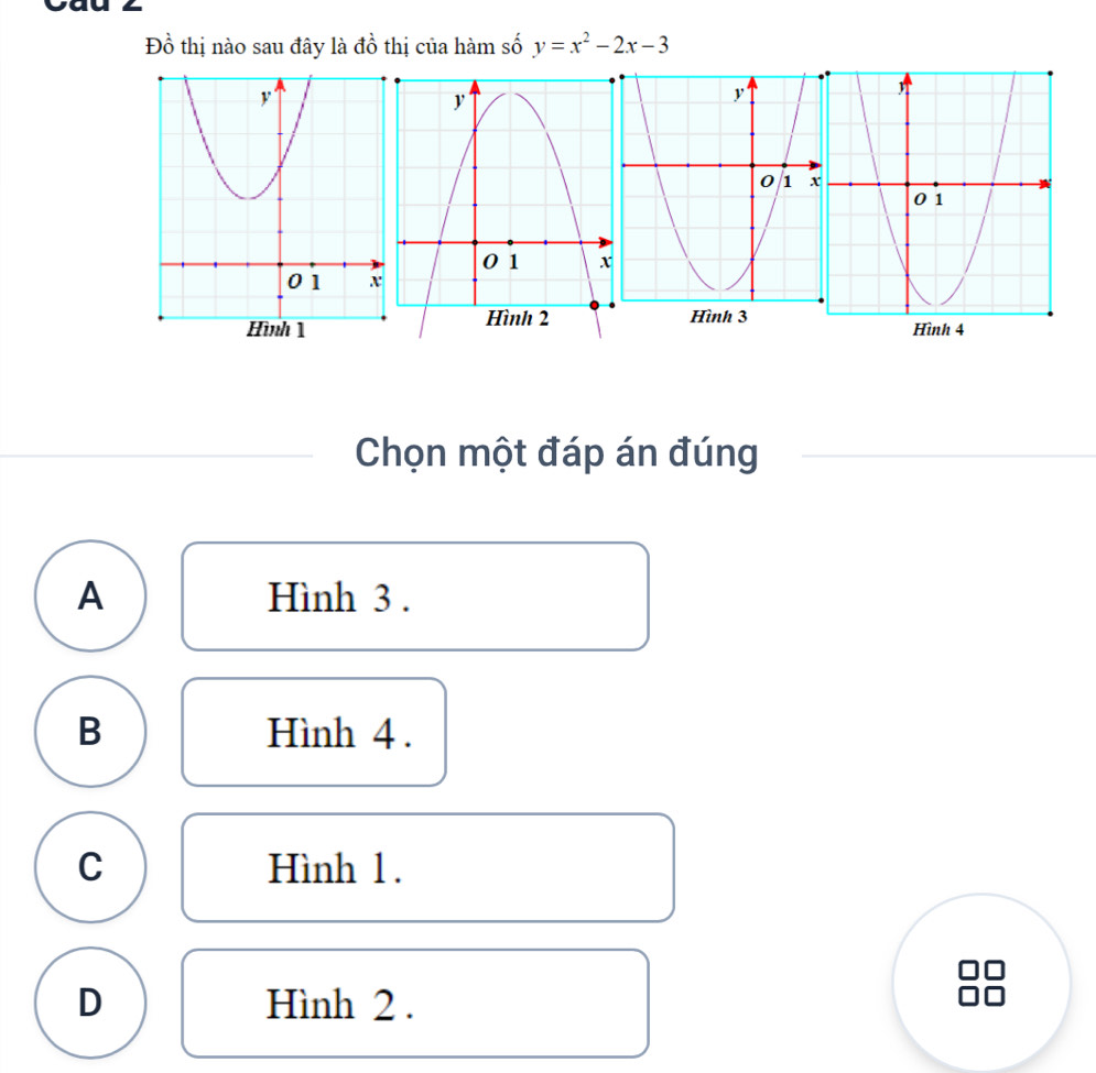 Đồ thị nào sau đây là đồ thị của hàm số y=x^2-2x-3
Hình 4
Chọn một đáp án đúng
A Hình 3.
B Hình 4.
C Hình 1.
D Hình 2.