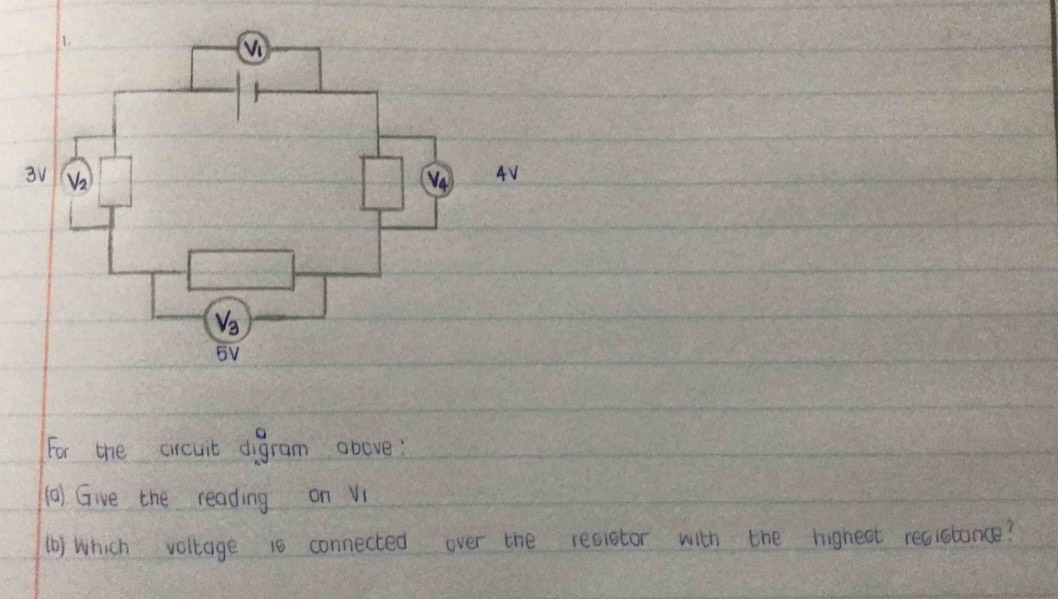 For the cicut digram above:
(0) Give the reading on Vi
() which voltage 10 connected over the recistor with the highect recidlance?