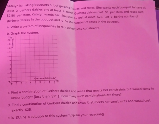 Katelyn is making bouquets out of gerbera daisies and roses. She wants each bouquet to have at 
least 2 gerbera daisies and at least 4 roses Gerbera daisies cost $3 per stem and roses cost
$2.50 per stem. Katelyn wants each bouquetto cost at most $25. Let £ be the number of 
gerbera daisies in the bouquet and y be the number of roses in the bouquet. 
a. Write a system of inequalities to represent these constraints. 
b. Graph the system. 
c. Find a combination of Gerbera daisies and roses that meets her constraints but would come in 
under budget (less than $25 ). How many such combinations are there? 
d. Find a combination of Gerbera daisies and roses that meets her constraints and would cost 
exactly $25. 
e. Is (3,5.5) a solution to this system? Explain your reasoning.