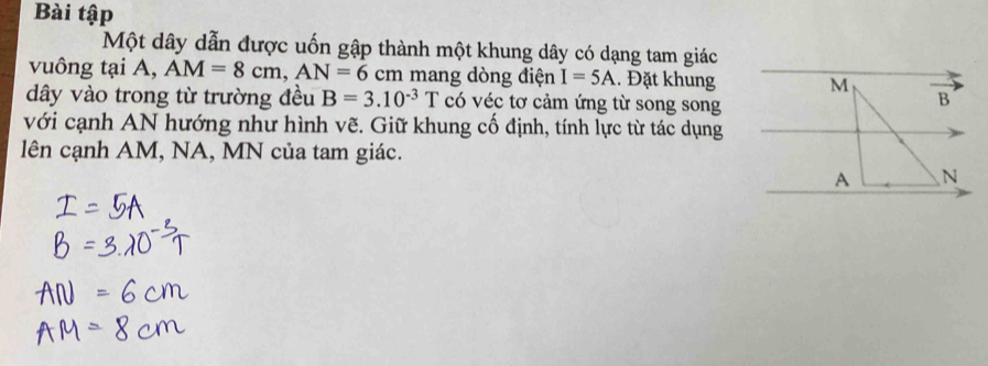 Bài tập 
Một dây dẫn được uốn gập thành một khung dây có dạng tam giác 
vuông tại A, AM=8cm, AN=6 cm mang dòng điện I=5A. Đặt khung M B 
dây vào trong từ trường đều B=3.10^(-3)T có véc tơ cảm ứng từ song song 
với cạnh AN hướng như hình vẽ. Giữ khung cố định, tính lực từ tác dụng 
lên cạnh AM, NA, MN của tam giác.
A N