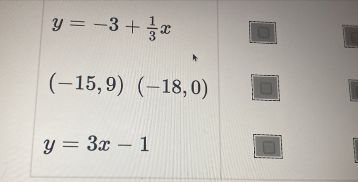 y=-3+ 1/3 x
(-15,9)(-18,0)
y=3x-1