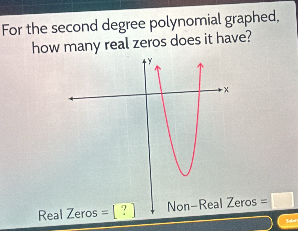 For the second degree polynomial graphed, 
how many real zeros does it have? 
Rearos =□ 
Subm