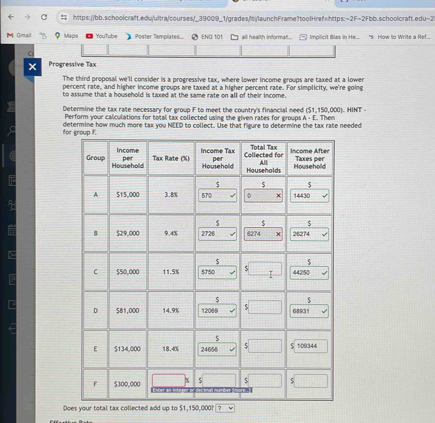 Gmail Maps YouTube Poster Templates... ENG 101 all health informat... Implicit Bias in He... s How to Write a Ref... 
x Progressive Tax 
The third proposal we'll consider is a progressive tax, where lower income groups are taxed at a lower 
percent rate, and higher income groups are taxed at a higher percent rate. For simplicity, we're going 
to assume that a household is taxed at the same rate on all of their income. 
Determine the tax rate necessary for group F to meet the country's financial need ($1,150,000). HINT - 
Perform your calculations for total tax collected using the given rates for groups A - E. Then 
determine how much more tax you NEED to collect. Use that figure to determine the tax rate needed 
for 
4 
Does your total tax collected add up to $1,150,000? ?