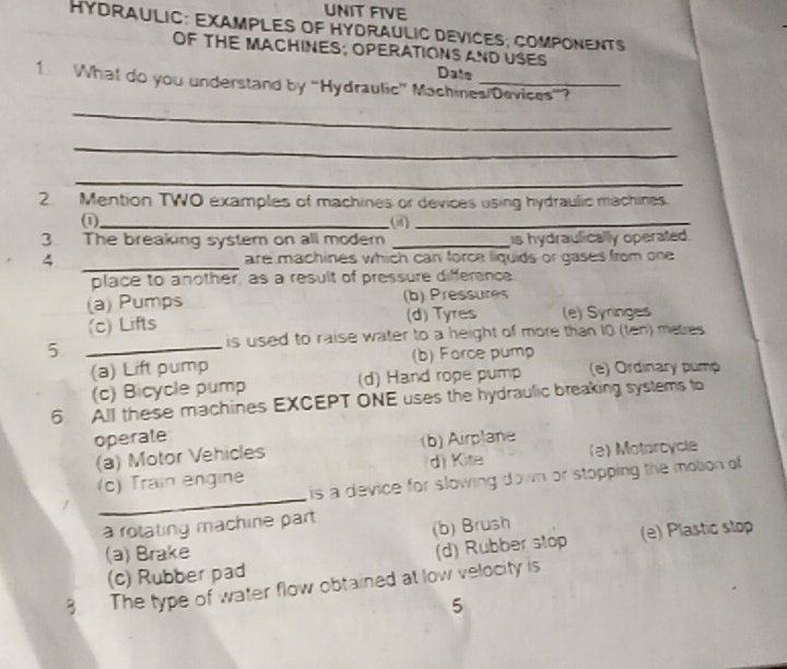 Solved: UNIT FIVE HYDRAULIC: EXAMPLES OF HYDRAULIC DEVICES; COMPONENTS ...
