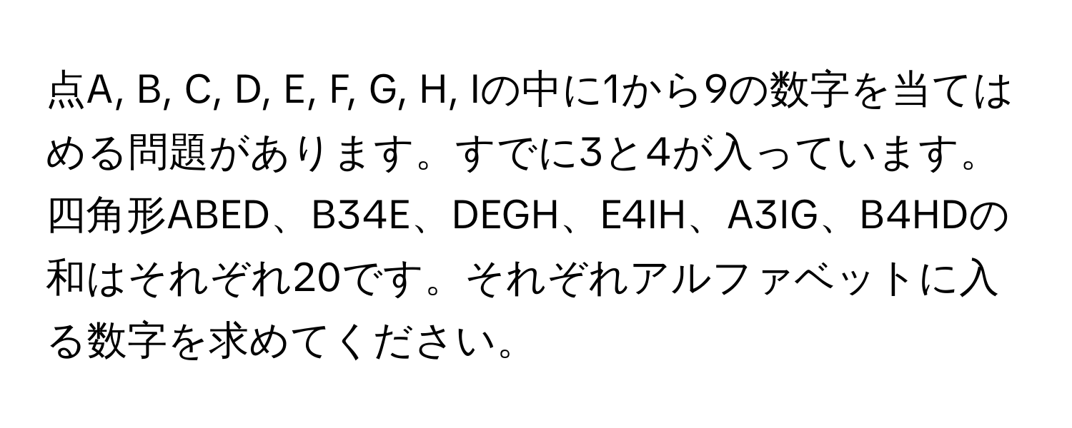 点A, B, C, D, E, F, G, H, Iの中に1から9の数字を当てはめる問題があります。すでに3と4が入っています。四角形ABED、B34E、DEGH、E4IH、A3IG、B4HDの和はそれぞれ20です。それぞれアルファベットに入る数字を求めてください。