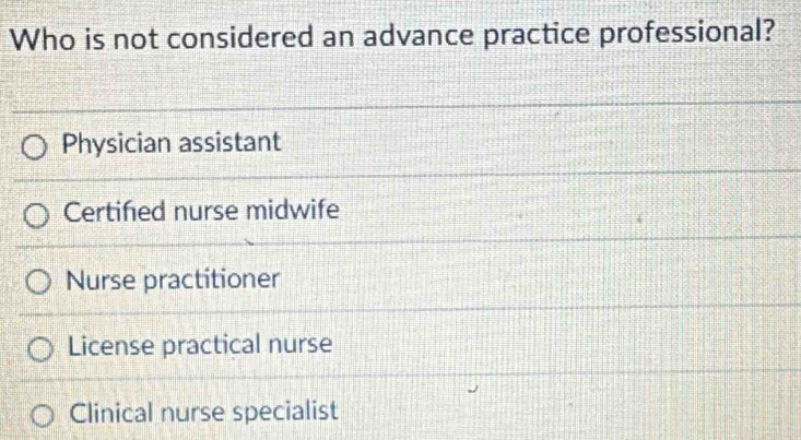 Who is not considered an advance practice professional?
Physician assistant
Certifed nurse midwife
Nurse practitioner
License practical nurse
Clinical nurse specialist