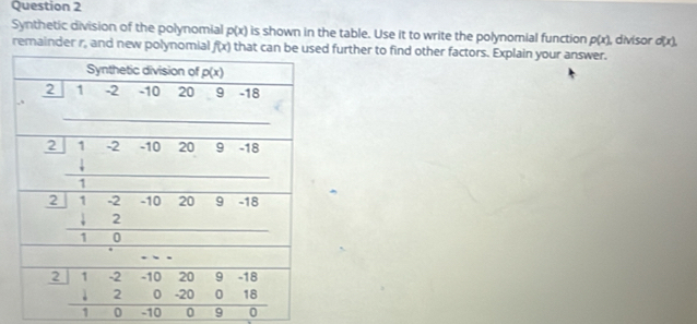 Synthetic division of the polynomial p(x) is shown in the table. Use it to write the polynomial function p(x) , divisor d(x).
remainder r, and new polal further to find other factors. Explain your answer.