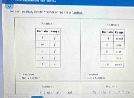 ng functons from resations 
For each relation, decide whether or not it is a function.
Relation 1 Relation 2

Function Function
Not a function Not a function
Relation 3 Relation 4
((-1,-6),(-6,8),(8,8),(0-6))  (k7)(w7)(c-7)(c_ (_ ?))