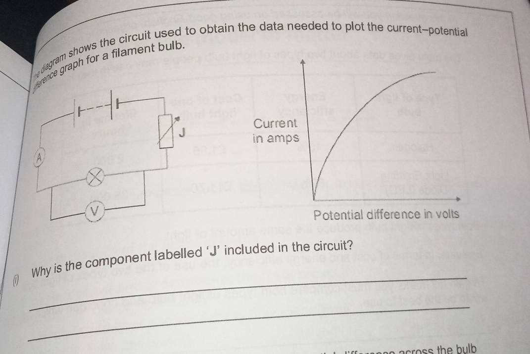 diagram shows the circuit used to obtain the data needed to plot the current-potential 
ference graph for a filament bub . 
Curre 
in am 
Potential difference in volts 
_ 
() Why is the component labelled ‘ J ’ included in the circuit? 
_ 
across the bulb .