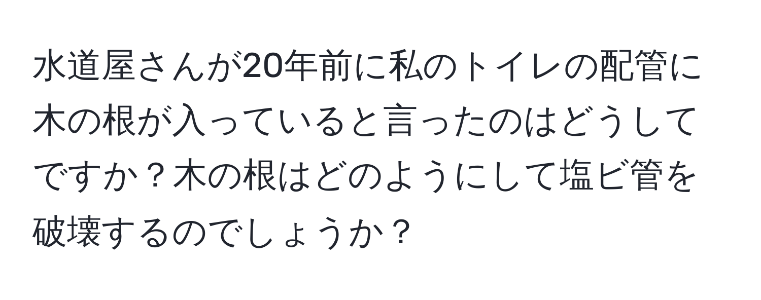 水道屋さんが20年前に私のトイレの配管に木の根が入っていると言ったのはどうしてですか？木の根はどのようにして塩ビ管を破壊するのでしょうか？