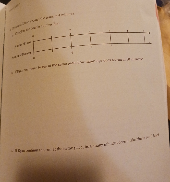 EKA MATé 
runs 2 laps around the track in 4 minutes
e number line. 
b. If Ryan continues to run at the same pace, how 
c. If Ryan continues to run at the same pace, how many minutes does it take him to run 7 laps3
