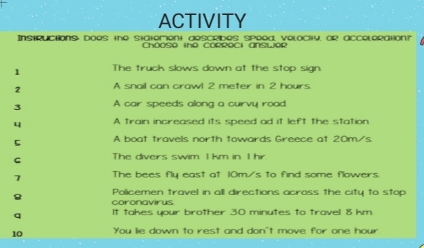 ACTIVITY 
Instructions Does the Statement describes Speed, Velocity, or AcceLeration? 
Choose the correct AnsweR 
1 
The truck slows down at the stop sign. 
2 
A snail can crawl 2 meter in 2 hours
3 
A car speeds along a curvy road 
4 
A train increased its speed ad it left the station. 
5 
A boat travels north towards Greece at 20m/s. 
C 
The divers swim I km in I hr
7 
The bees fly east at 10m/s to find some flowers. 
8 
Policemen travel in all directions across the city to stop 
coronavirus 
q 
It takes your brother 30 minutes to travel 8 km. 
10 
You lie down to rest and don't move for one hour.