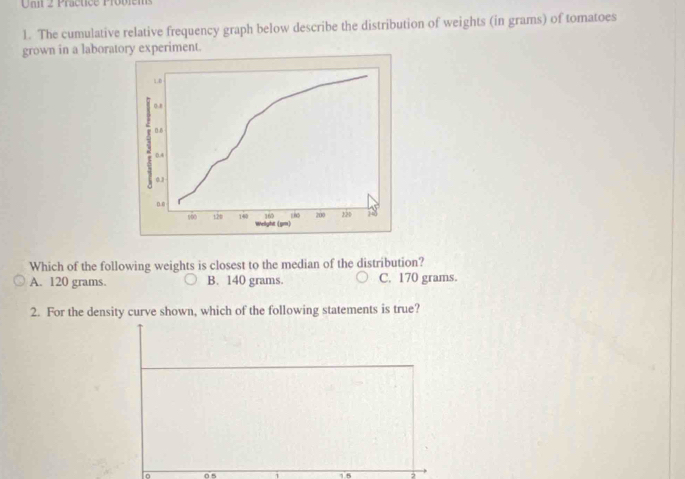 Unil 2 Practice Probiems
1. The cumulative relative frequency graph below describe the distribution of weights (in grams) of tomatoes
grown in a laboratory experiment.
1.0
0.8
5 0.B
D.A
0.3
0.0
160 jo 200 220 18
900 120 140 Weight (pm)
Which of the following weights is closest to the median of the distribution?
A. 120 grams. B. 140 grams. C. 170 grams.
2. For the density curve shown, which of the following statements is true?