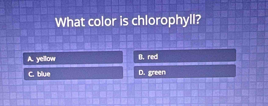 What color is chlorophyll?
A. yellow B. red
C. blue D. green