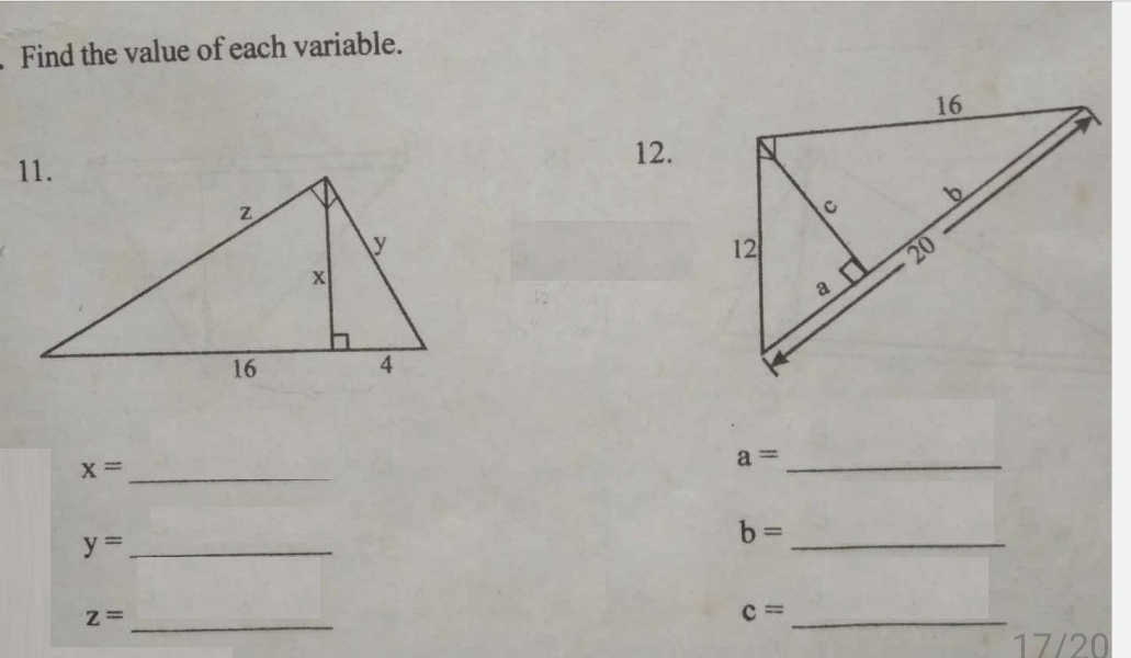 Find the value of each variable. 
12.
x= _ 
_ a=
_ y=
b=
_
z= _ 
_ c=
17/20