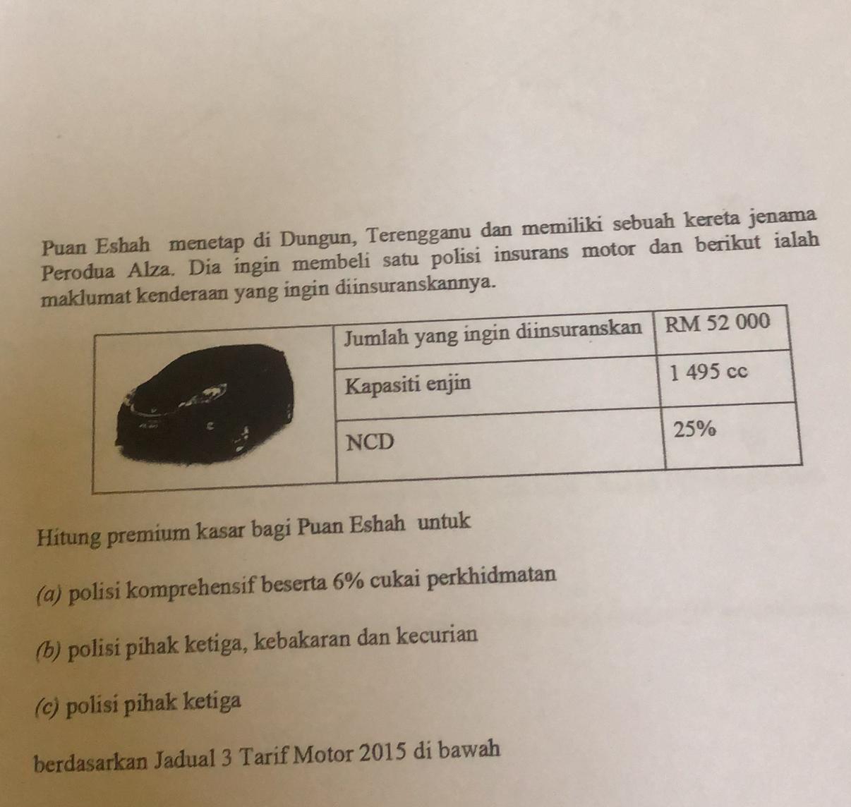 Puan Eshah menetap di Dungun, Terengganu dan memiliki sebuah kereta jenama 
Perodua Alza. Dia ingin membeli satu polisi insurans motor dan berikut ialah 
an yang ingin diinsuranskannya. 
Hitung premium kasar bagi Puan Eshah untuk 
(α) polisi komprehensif beserta 6% cukai perkhidmatan 
(b) polisi pihak ketiga, kebakaran dan kecurian 
(c) polisi pihak ketiga 
berdasarkan Jadual 3 Tarif Motor 2015 di bawah