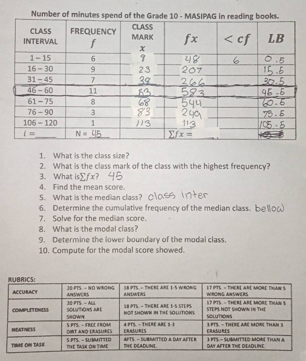 Number of minutes spen
1. What is the class size?
2. What is the class mark of the class with the highest frequency?
3. What is sumlimits fx ?
4. Find the mean score.
5. What is the median class? (
6. Determine the cumulative frequency of the median class. 
7. Solve for the median score.
8. What is the modal class?
9. Determine the lower boundary of the modal class.
10. Compute for the modal score showed.