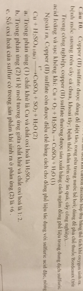 a carbon dióxide hập thụ băng thể tích khí oxygen sinh ra.
Câu 10. Copper (II) sulfate được dùng để diệt tảo, rong rêu trong nước bể bơi; dùng để pha chế thuốc Bordeaux (trừn
bệnh mốc sương trên cây cả chua, khoai tây; bệnh thối thân trên cây ăn quả; cây công nghiệp),...
Trong công nghiệp, copper (II) sulfate thường được sản xuất bằng cách ngâm đồng phế liệu trong dung dịch sulfuric
acid loãng và sục không khí: Cu+O_2+H_2SO_4to CuSO_4+H_2O(l)
Ngoài ra, Copper (II) sulfate còn được điều chế bằng cách cho đồng phế liệu tác dụng với sulfuric acid đặc, nóng
Cu+H_2SO_4(dac)xrightarrow t°CuSO_4+SO_2+H_2O(2)
a. Trong phản ứng (1) chất khử là Cu và chất oxi hoá là H_2SO_4.
b. Trong phản ứng (2) tỉ lệ mol tương ứng giữa chất khử và chất oxi hoá là 1:2.
c. Số oxi hoá của sulfur có trong sản phầm khí sinh ra ở phản ứng (2) là +6.