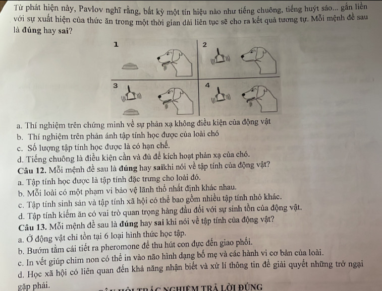 Từ phát hiện này, Pavlov nghĩ rằng, bắt kỳ một tín hiệu nào như tiếng chuông, tiếng huýt sáo... gắn liền
với sự xuất hiện của thức ăn trong một thời gian dài liên tục sẽ cho ra kết quả tương tự. Mỗi mệnh đề sau
là đúng hay sai?
a. Thí nghiệm trên chứng minh về sự phản xạ không điều kiện của động vật
b. Thí nghiệm trên phản ánh tập tính học được của loài chó
c. Số lượng tập tính học được là có hạn chế.
d. Tiếng chuông là điều kiện cần và đủ để kích hoạt phản xạ của chó.
Câu 12. Mỗi mệnh đề sau là đúng hay saikhi nói về tập tính của động vật?
a. Tập tính học được là tập tính đặc trưng cho loài đó.
b. Mỗi loài có một phạm vi bảo vệ lãnh thổ nhất định khác nhau.
c. Tập tính sinh sản và tập tính xã hội có thể bao gồm nhiều tập tính nhỏ khác.
d. Tập tính kiếm ăn có vai trò quan trọng hàng đầu đối với sự sinh tồn của động vật.
Câu 13. Mỗi mệnh đề sau là đúng hay sai khi nói về tập tính của động vật?
a. Ở động vật chỉ tồn tại 6 loại hình thức học tập.
b. Bướm tầm cái tiết ra pheromone đề thu hút con dực đến giao phối.
c. In vết giúp chim non có thể in vào não hình đạng bố mẹ và các hành vi cơ bản của loài.
d. Học xã hội có liên quan đến khả năng nhận biết và xử lí thông tin để giải quyết những trở ngại
gặp phải. à trác nghiêm trả lời đúng