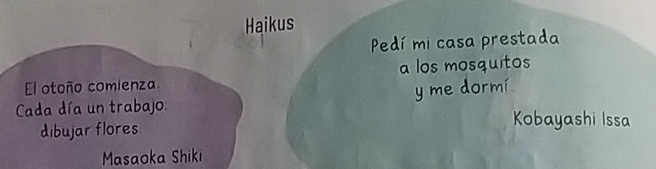 Haikus 
Pedí mi casa prestada 
a los mosquitos 
El otoño comienza 
y me dormí 
Cada día un trabajo 
dibujar flores 
Kobayashi Issa 
Masaoka Shiki
