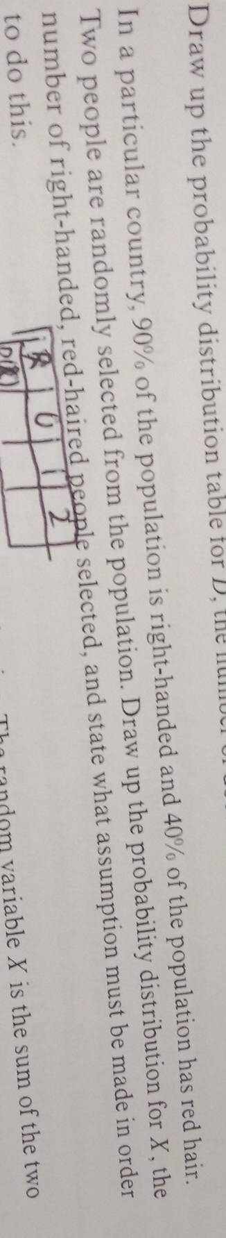 Draw up the probability distribution table for D, the lull 
In a particular country, 90% of the population is right-handed and 40% of the population has red hair. 
Two people are randomly selected from the population. Draw up the probability distribution for X, the 
number of right-handelected, and state what assumption must be made in order 
to do this. 
h random variable X is the sum of the two