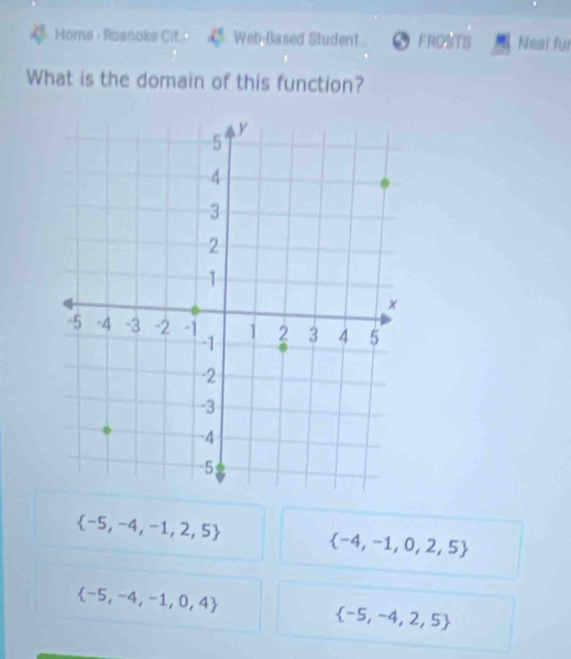 Home - Roanoke Cit - Web-Based Student FROSTS Neai fur
What is the domain of this function?
 -5,-4,-1,2,5
 -4,-1,0,2,5
 -5,-4,-1,0,4
 -5,-4,2,5