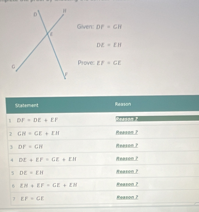 Given: DF=GH
DE=EH
Prove: EF=GE