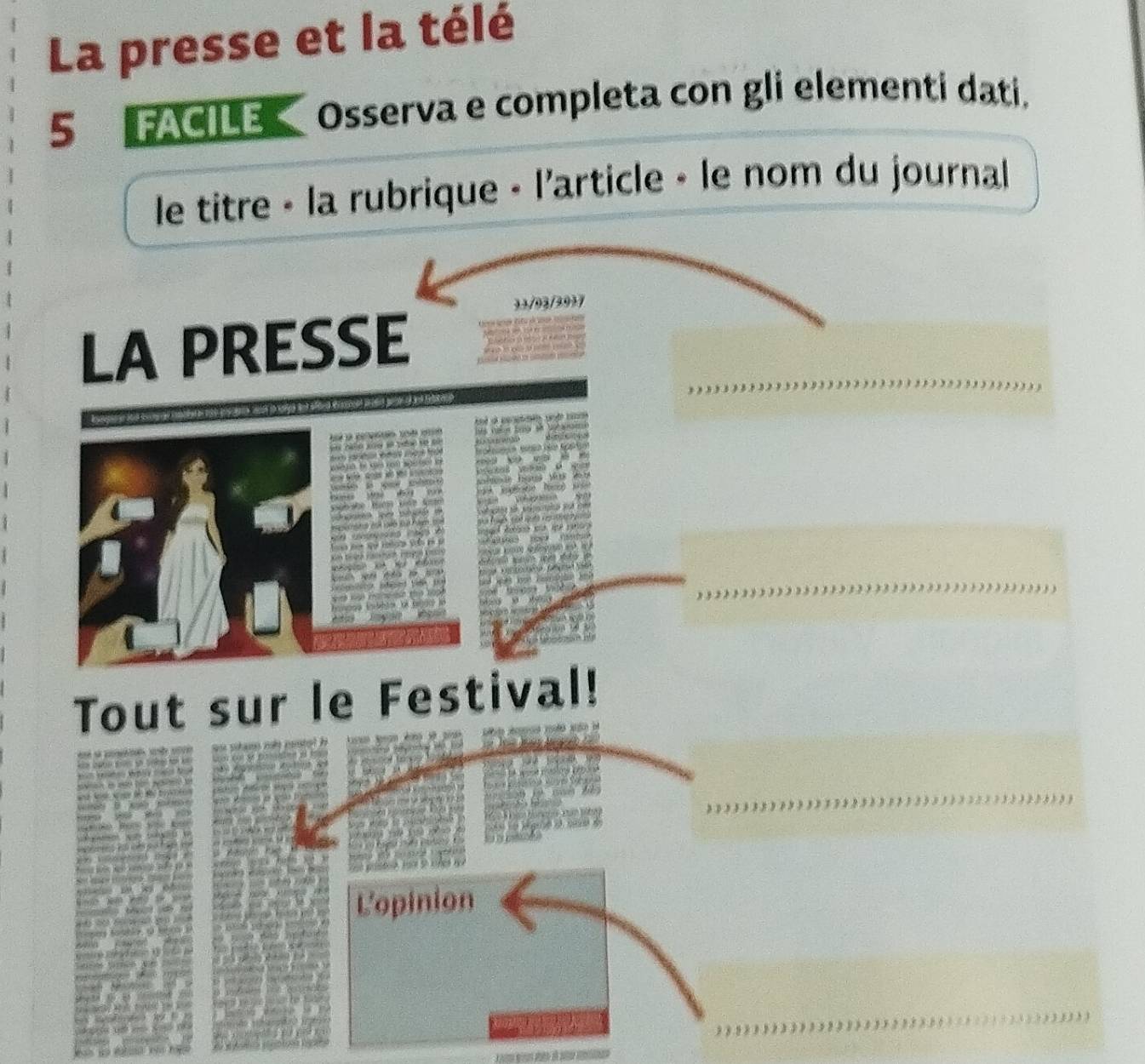 La presse et la télé 
5 FACILE Osserva e completa con gli elementi dati. 
le titre - la rubrique - l'article - le nom du journal