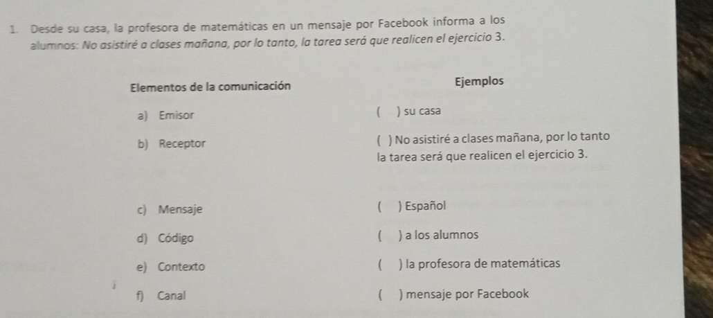 Desde su casa, la profesora de matemáticas en un mensaje por Facebook informa a los 
alumnos: No asistiré a clases mañana, por lo tanto, la tarea será que realicen el ejercicio 3. 
Elementos de la comunicación Ejemplos 
 
a) Emisor ) su casa 
( 
b) Receptor ) No asistiré a clases mañana, por lo tanto 
la tarea será que realicen el ejercicio 3. 
c) Mensaje ( ) Español 
d) Código  ) a los alumnos 
e) Contexto  ) la profesora de matemáticas 
f) Canal  ) mensaje por Facebook